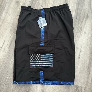 Mossy Oak Fishing Cargo Shorts Mens Sz XL Black w Blue Camo US Flag Lined NEW